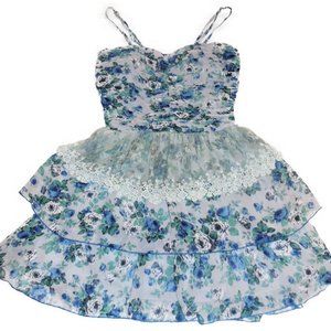 Katia Party Dress SMALL NWT Blue-Gray Floral Sheer Chiffon Tiered Ruffle Skirt
